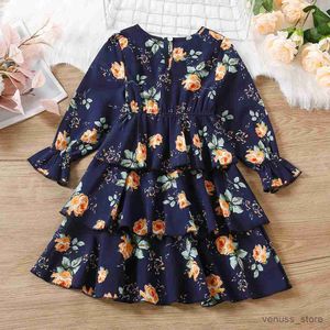 Vestidos de menina grls estampa floral com camadas bainha vestido de bainha de primavera outono bebê infantil o-pescoço de pêlos longos de manga longa zíper A-line vestido boho para meninas