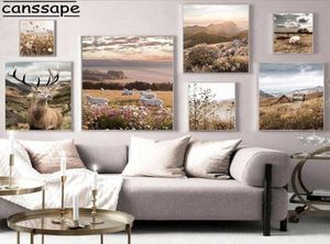Obrazy Landscape Plakat jelenie Sheep Mur Art Drukuj Dead Grass Canvas Malowanie gór Plakaty Nordic Pictures salon Deco3407342