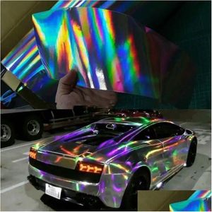 Naklejki samochodowe Wysokiej jakości 3 warstwy Czarny Sier Blue Chrome Holograficzne winylowe opakowanie tęczowe bąbelek Laser Dostawa Automobiles Motorc Dhchv