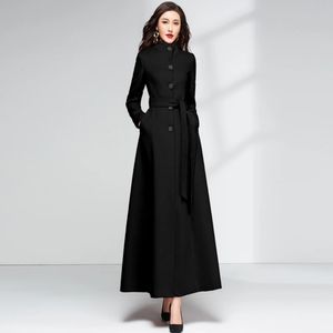 Women Overlength Woolen Coat Autumn Winter Fashion Stand Collar Thicken Warm Lacing Wool Blends Overcoat Slim Long Outerwear 231221