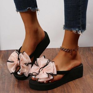 Slippers Bow Cloth Wear Ladies Flip Wedge Fashion Outer Clip-toe Flops Women's Slipper Extra Wide For Women With Feet