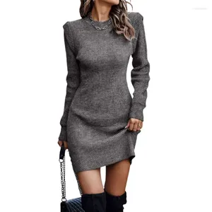 Casual Dresses Women Solid Color Knitted Wrap Hip Dress Autumn Winter Crew Neck Pullover Long Sleeve Dressy Female Knitwear Slim Fit Short