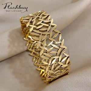 Flashbuy Chunky Gold Color Charm Leaf Wide Stainless Steel Bangles Bracelets for Women Men Design Wrist Waterproof Jewelry 231221