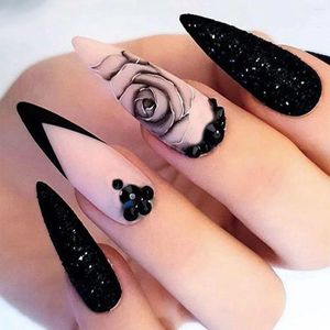 False Nails 3D Fake Set Black Rose With Glitter Diamond Short French Almond Tips Supplies Faux Ongles Press On Acrylic Nail Art