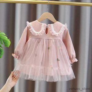 Girl's Dresses Girl's Spring Autumn Long Sleeve Dress Mesh Embroidered Lace Lapel Princess Dresses Cute Baby Girls Birthday Vestidos