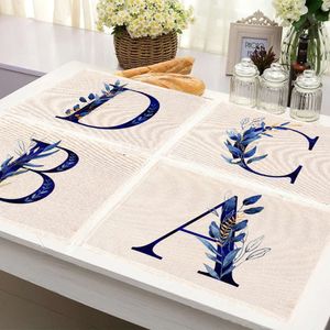 Letras azuis padrão de cozinha de cozinha decoração de casa de mesa de mesa de mesa de mesa de chá de linho de linho de algodão da tigela de tapetes de copo de casca