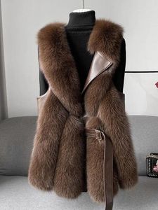 Kamizelki damskie Faux Fur Kurtka Kobieta średnia kamizelka szyi 2023 Autumn Winter Belt Puszysty ciepły luźny płaszcz żeńska swobodna gruba luksusowa dama