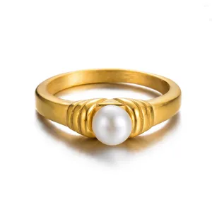 Cluster Rings Statement Stainless Steel Pearl Finger Ring For Women Golden Metal Trendy Jewelry Bague Acier Inoxydable Gift