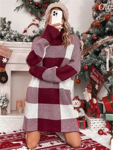 New Autumn and Winter Turtleneck Loose-fitting Plaid Contrast Sweater Dress