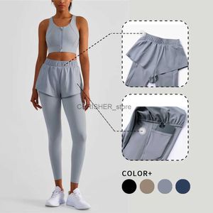 Yoga outfit Wisruning Fake 2-PCS Leggings for Fitness Women Gym Sports Tights Push-Up Anti-Light Pocket Yoga Pants Workout Sportswear Outfitl231221