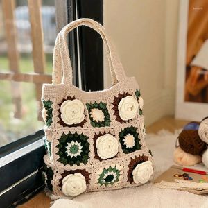 Evening Bags Flower Plaid Knitting Totes Yarn Women's Bag Square Contrasting Color Ethnic Hand Knitted Handmade Crochet