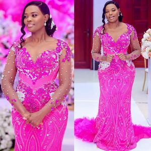 2024 Aso Ebi Fuchsia Mermaid Prom Dress Beaded Crystals Luxurious Evening Formal Party Second Reception Birthday Engagement Gowns Dresses Robe De Soiree ZJ383