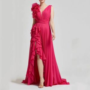 Elegant het rosa kvällstävlingsklänning 2024 V nack ärmlös silt ruffles chiffon prom party formella klänningar vestidos de festrock de soiree casamento