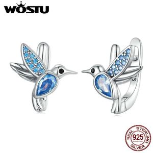 Huggie Wostu 925 Sterling Silver Humming Bird Hoop örhängen för kvinnor Blue Crystal Drop Ear Clips Earring Ladies Luxury Wedding SMYELLT