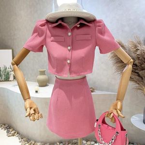 Work Dresses Women's Suit 2023 Korean Single Breasted Lapel Bubble Sleeve Short Jacket Top High Waist Slim Skirt 2 Pieces Set