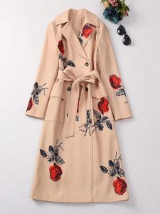 Women's Trench Coats Red RoosaRosee Floral Print Turn-down Collar Long Sleeve Double Breasted Lace-up European Spring Women Outwear Overcoat