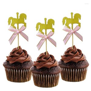 Parti Malzemeleri 5 PCS Gold Glitter Carousel At Cupcake Toppers Bebek Duş için Bowknot ile Kek Süslemeleri 1. Doğum Günü İyilik