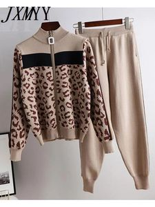 Tracksuit Women Leopard Knit Zip Cardigan TopsPants Suit 2PCS Sets Long Sleeve Jacket Coat Woman Casual Sweater Trousers Suits 231220