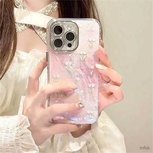 Cell Phone Cases Bling Cute Tulip Shell Pattern Hot Pink Phone Case For iPhone 14 15 Pro Max 12 13 Pro 11 Korean Luxury Girl Gift Silicone Cover