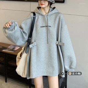 Women's Hoodies Grey Winter Plush And Thick Hooded Drawstring Long Sleeved Hoodie Autumn Korean Version Loose Versatile Dress