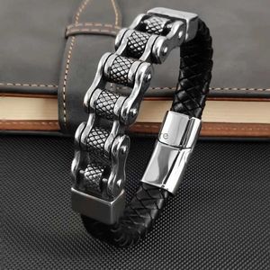 Bangle Classic Lokomotive-Ketten-Lederarmband Mehrschicht Männer Edelstahl Punk Magnetmangle für Freund Charme Schmuck 231220