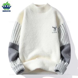 メンズセーター冬の温かいセーターメンファッションパターンスリム韓国の黒い白い太いストリートウェアミンクハーフタートルネックセータープルオーバー男性J231220