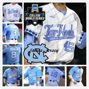 Jam Unc North Carolina Tar Heels #1 Danny Serretti 5 Ashton McGee 8 Ike Freeman 26 Jackson Hesterlee 2019 CWS Baseball Białe Blue Jerseys