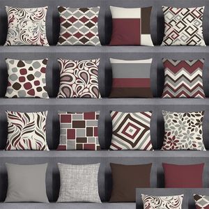 Cushion/Decorative Pillow Pillow Dark Red Color Geometric Pattern Square Pillowcase Living Room Decorative Ers Home Office Sofa Er 45X Dhv37