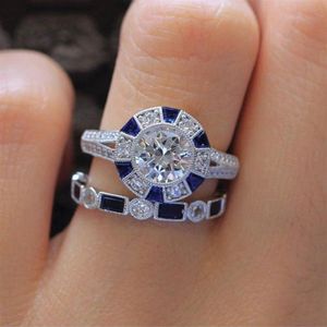 Yhamni Fashion Promise Pierścienie Zestaw niebieski cyrkon CZ 925 Srebrny rocznicowy rocznica Pierścienie dla kobiet biżuteria prezentowa RZ670287A