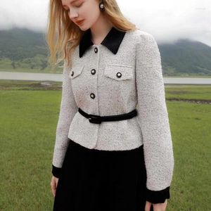 Damenjacken Elegante Frauenjacke 2024 Frühling Herbst Hohe Qualität Tweed Kurzmantel mit Gürtel Einreiher Lose Outwear Weiblich