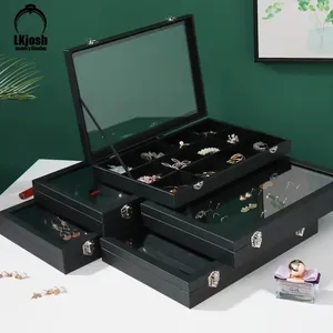 Sacchetti per gioielli Chiusura a strato singolo Scatola in pelle di legno nera Orecchini a bottone per orecchini Conservazione di grandi dimensioni