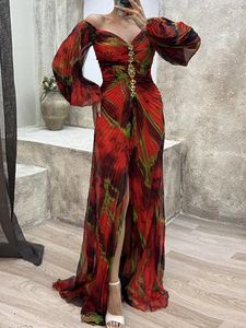 カジュアルドレス女性フォールドラウンジウェアホリデードレス春秋の長袖セクシーなジッパーマキシプリントファッションエレガントレディースパーティー