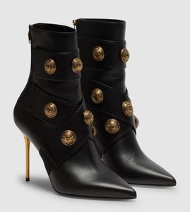 Top Luxury Brand Women Alma Roni Ankle Boots Metal Stiletto Heels Pointed Toe Engraved Golden Metal Buttons Party Wedding Dress Gold Buttons Booties