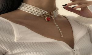 Red square jewel pendant necklaces designer light luxury simple temperament imitation pearl clavicle chain handmade multilayer be4012978