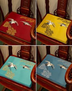 Custom Chinese Embroidered Pine Crane Dining Chair Seat Cushion Ethnic Antislip Seats Pads silk Satin Armchair Sofa Seating Cushi2071159