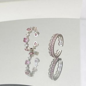 Cluster Rings Pink Heart Crown Crystal Open Ring For Women Girls Adjustable Romantic Sweet Silver Color Metal Accessories Jewelry Gifts