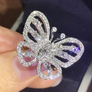 Lśniący 925 Pierścienie srebrnego srebrnego motyla Naturalny biały szafirowy pierścień diamentowy dla kobiet biżuteria zaręczynowa