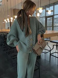 Women Knitting Two Pieces Sweater Suit Hemp Flower V-Neck Single-Breasted Cardigan Pants Lady Winter Casual Sweater Set 231220