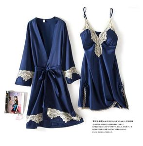 Marine Blue 2pcs Robe Set Women Lace Home Kleidung intime Dessous Satin lässige Nachthemd Nachthemen sexy Nachtwäsche Schlafanzug Wome2623648