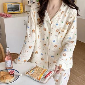 100Cotton Gace Pyjamas för kvinnor koreanska långa sömnkläder björntryck pijamas pyjamas hylsa 2 stycken kvinnlig uppsättning dropp 231220