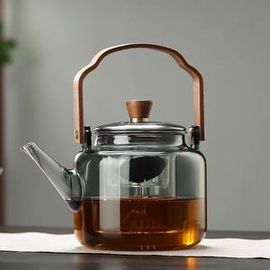 1.2L Gray Glass Teapot with Infuser Heat Resistant Flower Tea Kettle Transparent Tea Pot Portable Handle Pot Office Home Tea Set 231221