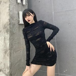 Dresses 2021 New Gothic Black Mini Dress Streetwear Rock Punk Hollow Retro High Waist Long Sleeve Tight Fitting Party Dresses