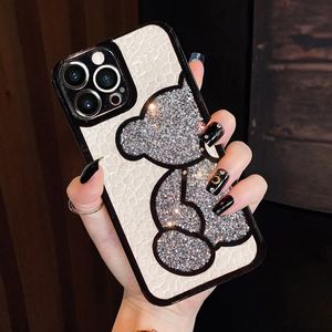 Bling Bear Diamond Glitter Phone Case geeignet für iPhone 15 14 12 13 Pro Max XR XS 7plus Leder Luxus Elektroplattiert 231221