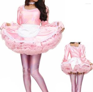 Lässige Kleider Sissy süße klassische Lolita -Kleider -Kleid -Schürze -Maid Laser Puff Langhülle glänzendes Kostüm mit Handschuhen und Krawatten XS3934577