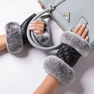 Women Winter Warmer Wrist Gloves Genuine Leather Rex Rabbit Fur Fingerless Driving Plaid Sheepskin Mittens gloves 231220