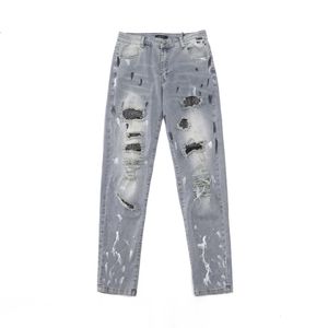 Diamentowe dżinsy z dziurami High Street Trendy Brand Splashed Ink Patch Elastic Men's and Women's Vintage 231220