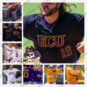 Jam Ecu East Carolina Pirates #14 Jake Agnos 18 Bryant Packard 19 Alec Burleson 42 Spencer Brickhouse Purple White Black Yellow Baseball Jersey