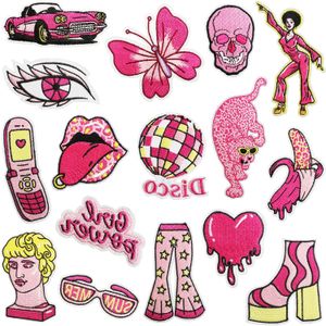 16 stycken järn på lappar rosa disco girl sports bil sy på broderad applikation y2k reparation patch diy tillbehör för klädryggsäckar hatt jeans jacka