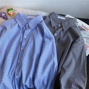 Men's Casual Shirts Spring Autumn Lapel Long-sleeved Plaid Tops Hong Kong Style Handsome Versatile Couple Single Breasted Blouse