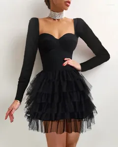 Casual Dresses Women's Mesh Dress Elegant Long Sleeve Off-Shoulder High Waist Tulle Tutu A-Line Formal Party Ladies